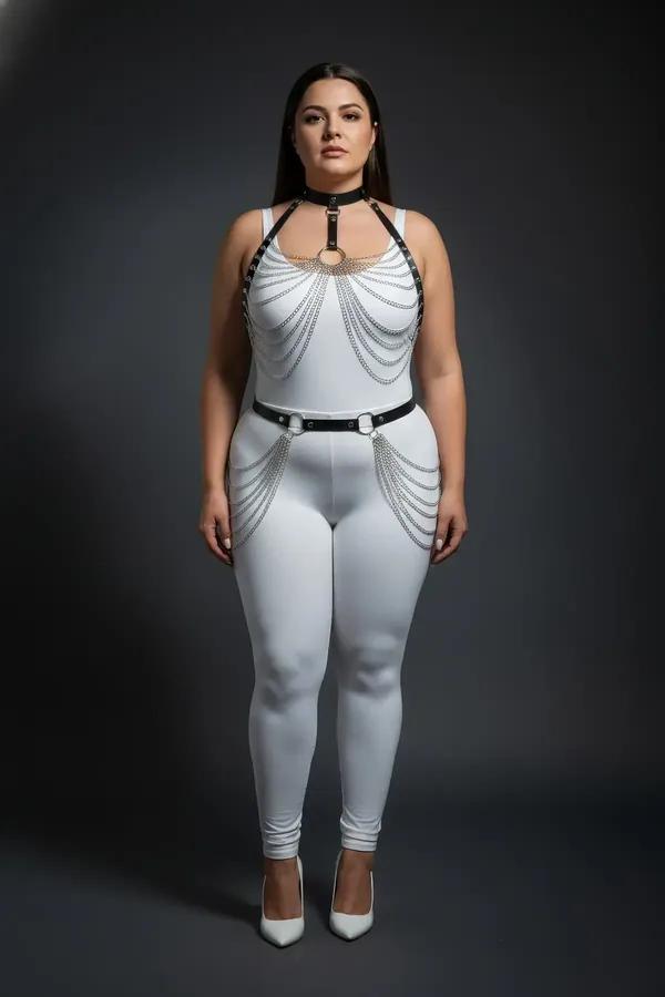 büyük beden siyah vegan deri harness takım gümüş sallantılı zincir detaylı iki parçalı set