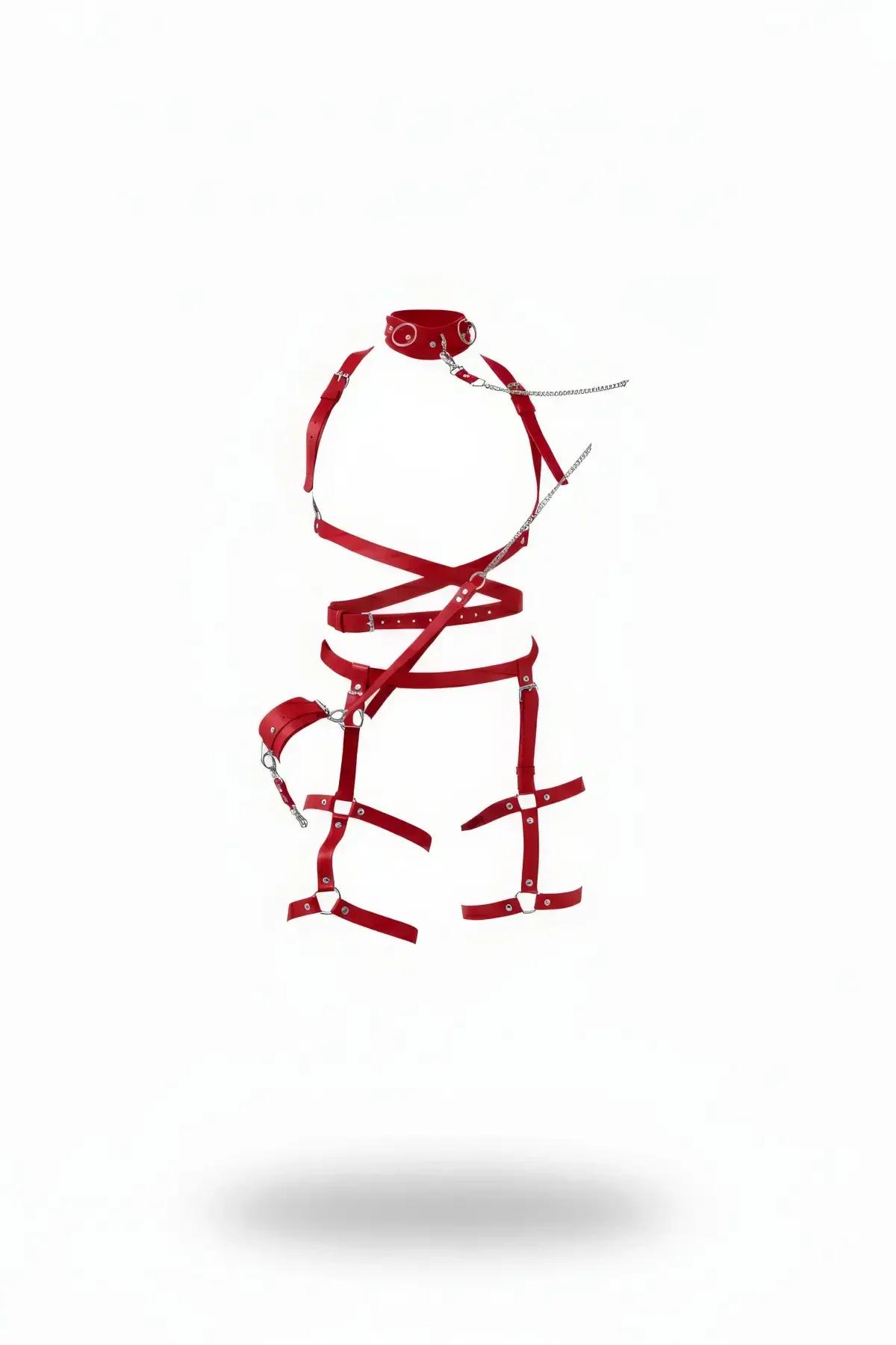 red faux leather full body harness with choker collar silver chain chest straps studded waist belt and dual thigh garters
