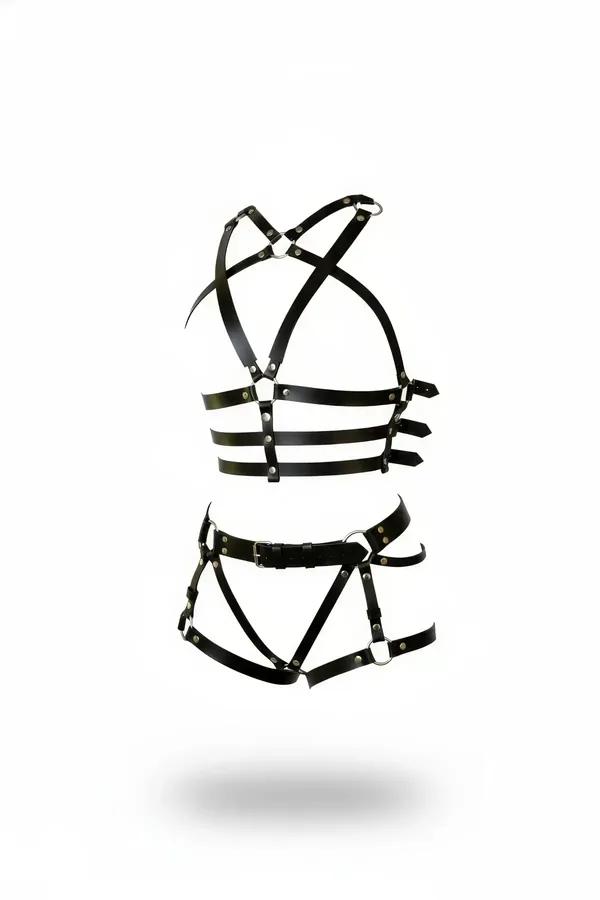 Siyah vegan deri harness takım çapraz X kayış ve gümüş O halka detaylı üst alt 2 parça set