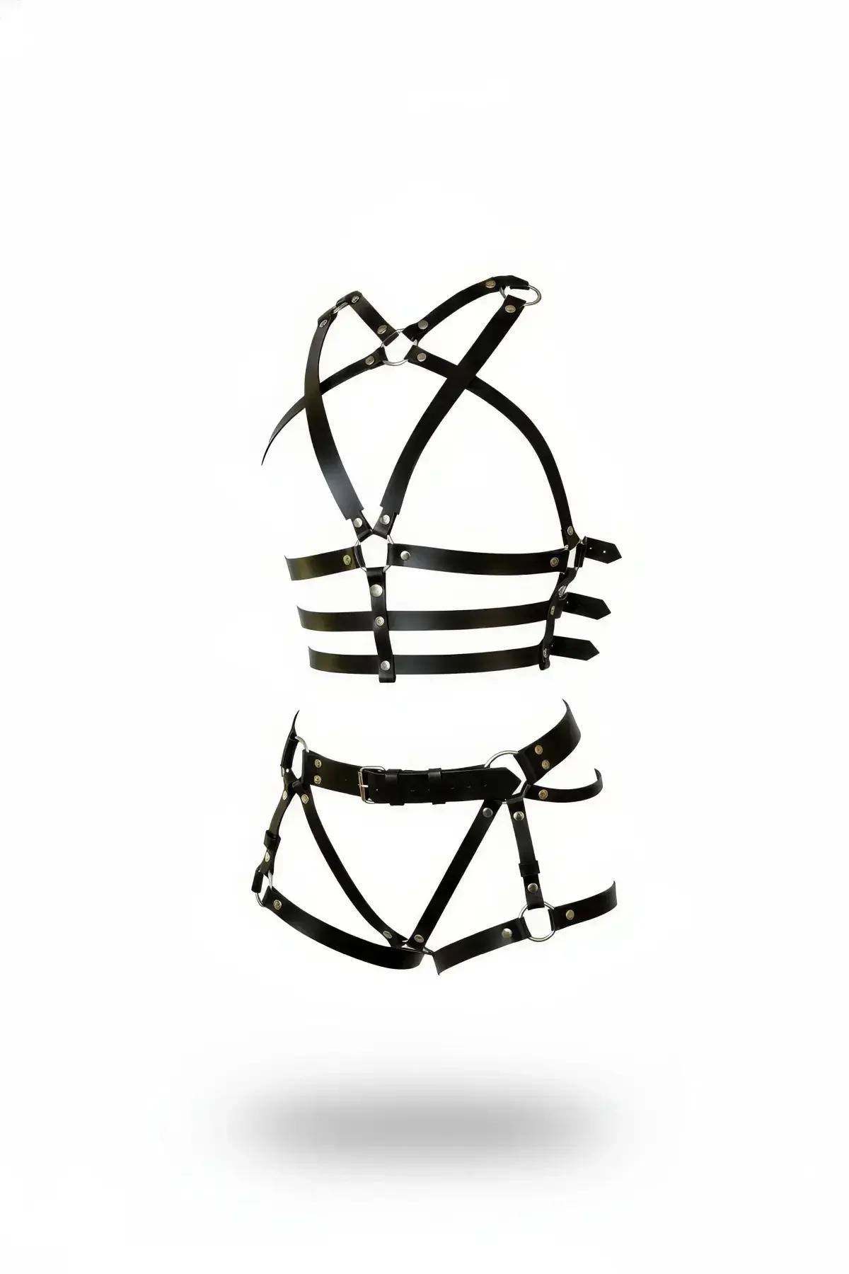 black faux leather full body harness set with multi-strap cage bra and garter belt harness, silver O-rings and rivets