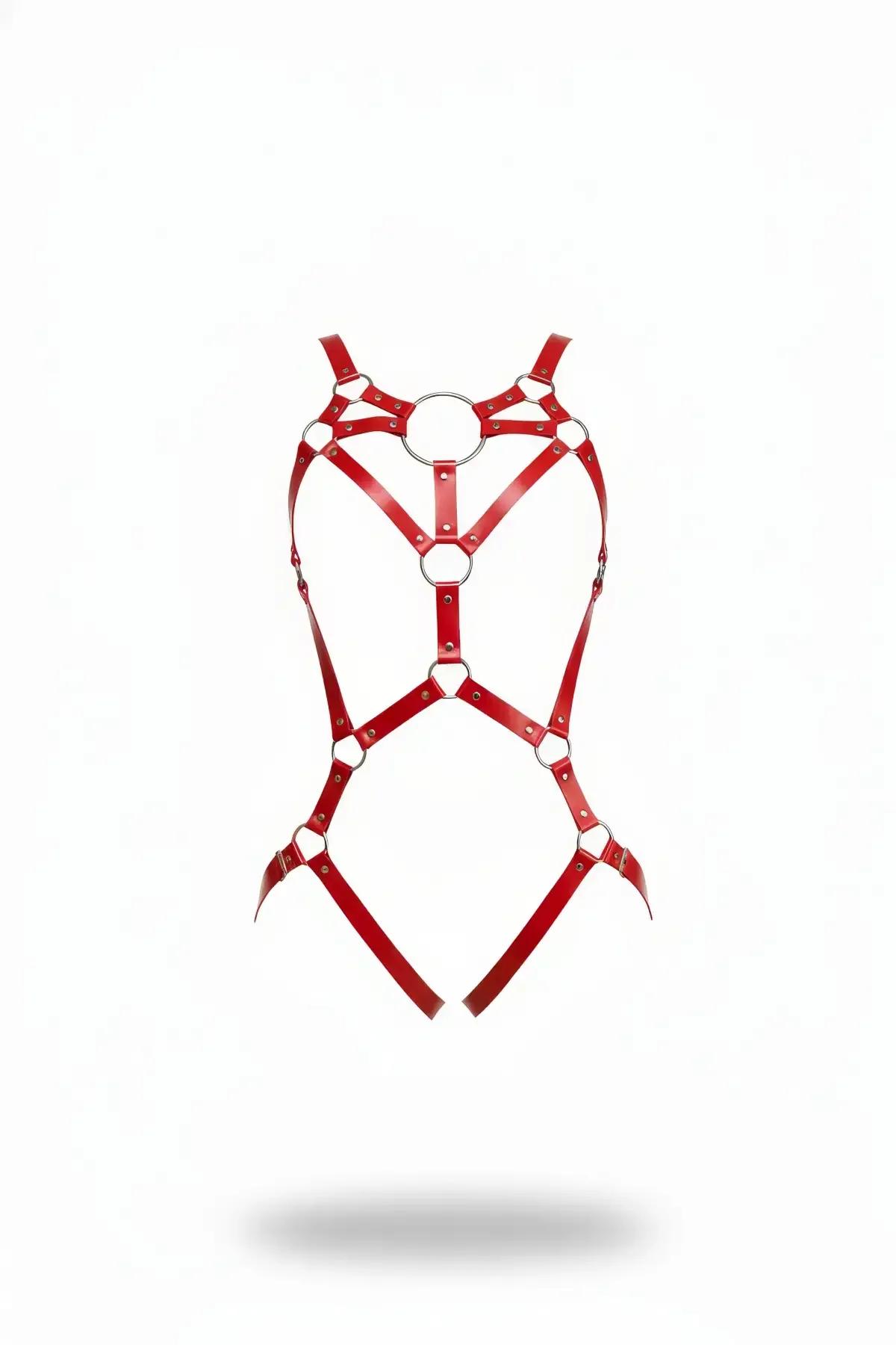 kırmızı suni deri body harness gümüş O-halka detaylı çapraz bant tam vücut ayarlanabilir