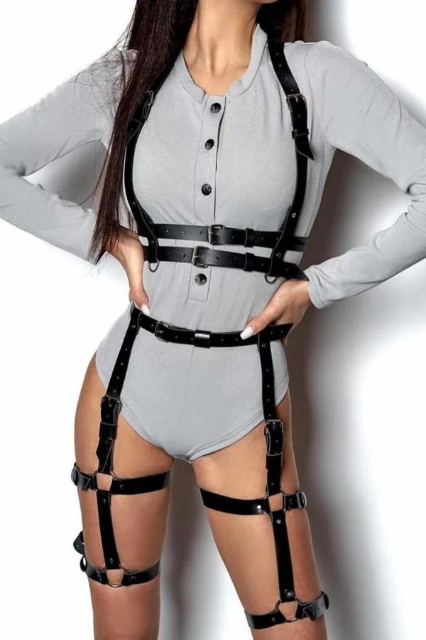 siyah vegan deri bel kemerli harness takım göğüs askısı ve uyluk bantlı gunmetal toka
