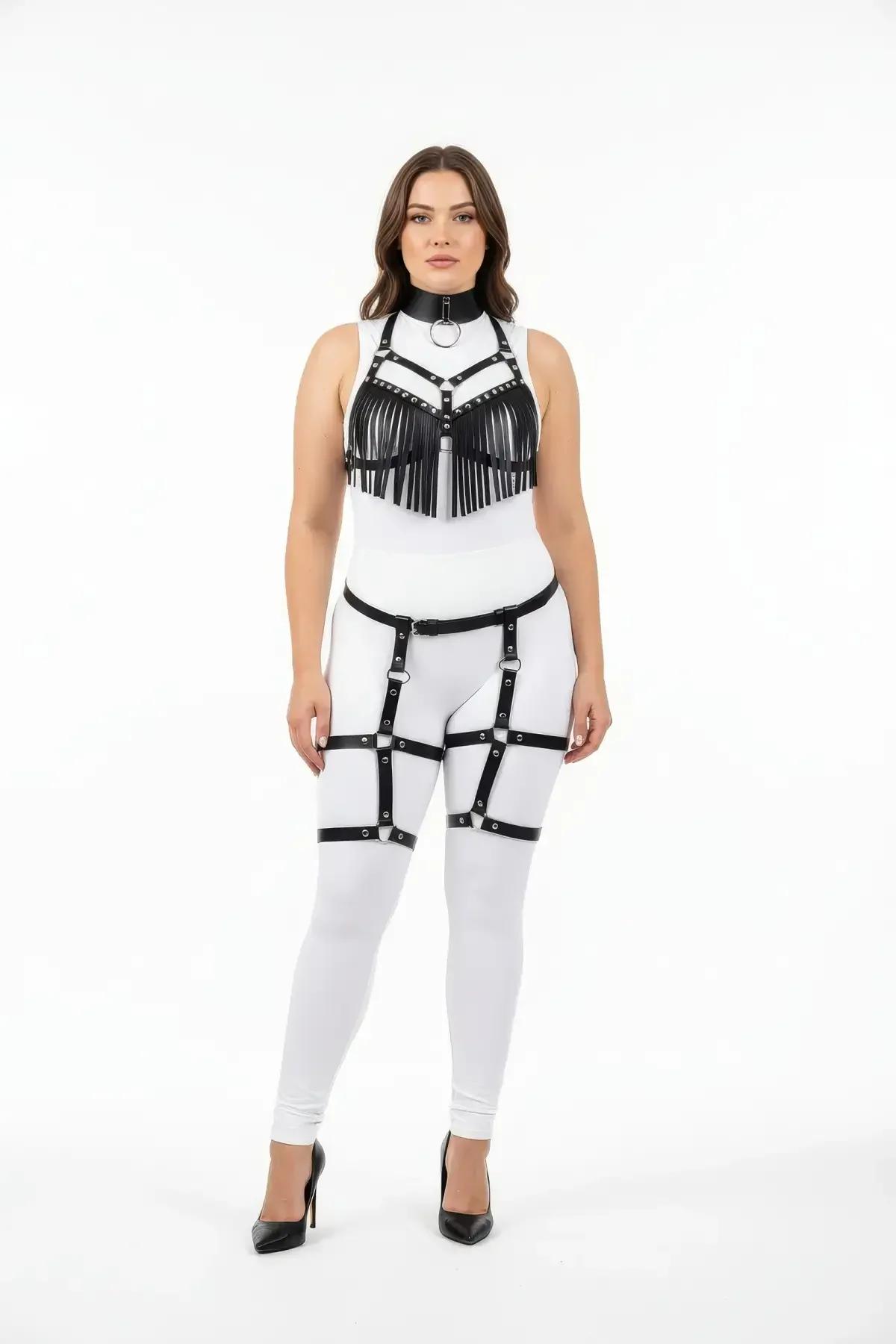 black faux leather fringed chest harness set with O-ring choker and leg garter straps on plus size model