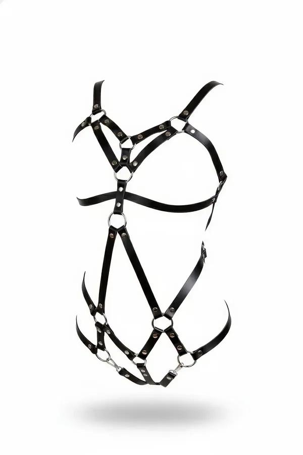 black faux leather strappy o-ring full body harness with four silver rings and riveted strap construction