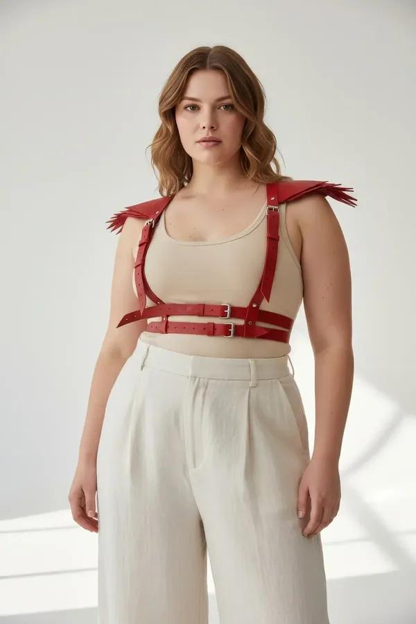 red faux leather chest harness with fringe spike shoulder epaulettes and dual silver buckle straps worn over cream top