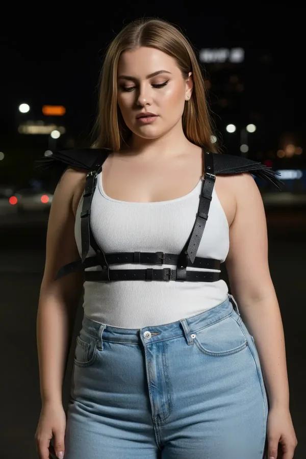Black faux leather chest harness with structured fringe shoulder epaulettes and silver buckle hardware worn over cream crop t