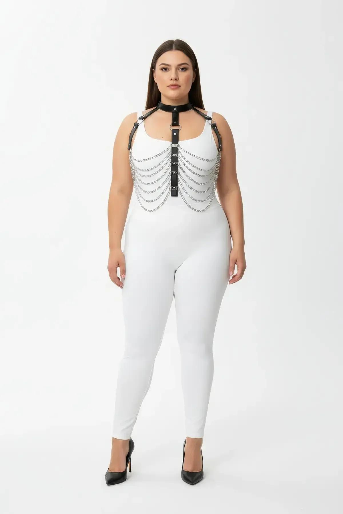 black faux leather body harness with eight cascading silver chains and collar choker, front view on plus-size model