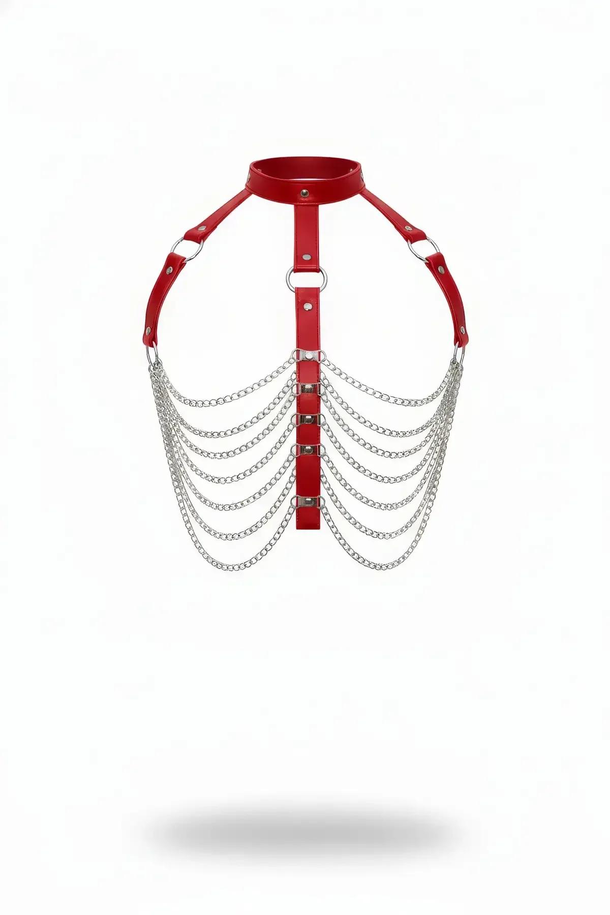 red vegan leather choker harness with seven draping silver chains and O-ring shoulder detail against white background