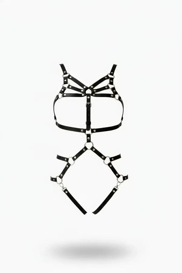 Siyah faux leather body harness geometrik desenli gümüş metal halkalı tam vücut aksesuar