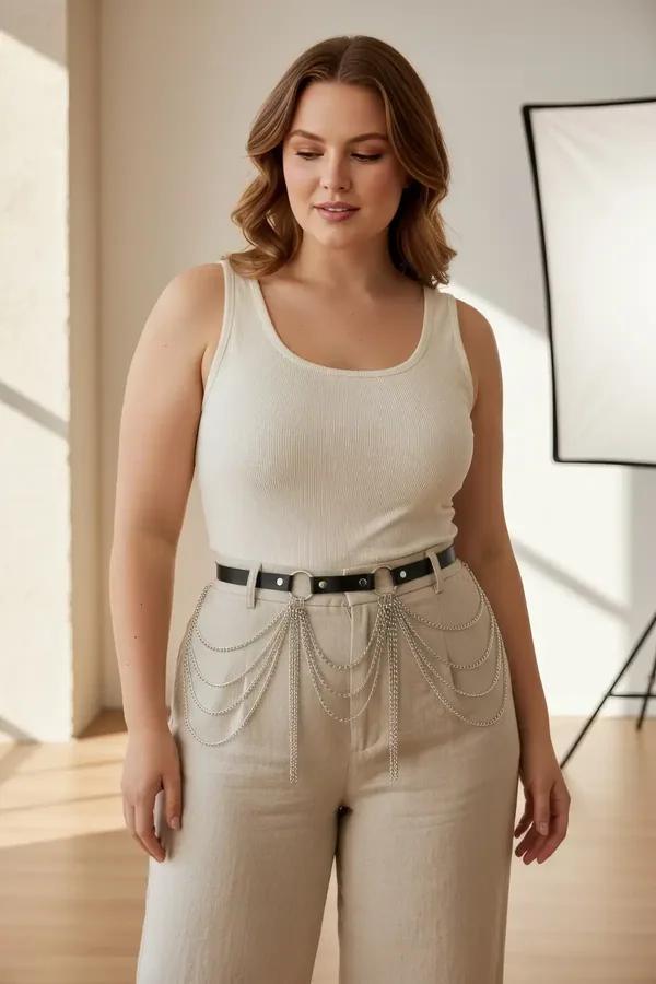 black faux leather waist harness with layered draped silver chains worn over cream trousers and tank top