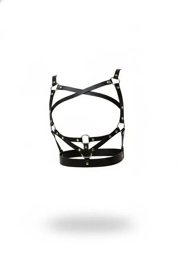 Siyah vegan deri vücut harness çapraz X askı gümüş O-halka ve metal perçin detaylı