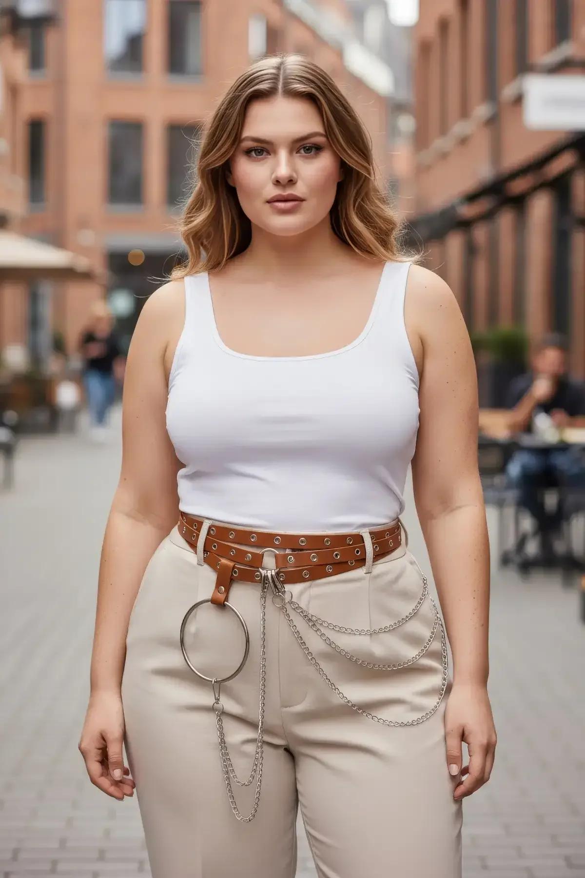 tan faux leather eyelet belt with large silver O-ring and draped chain strands worn at the waist