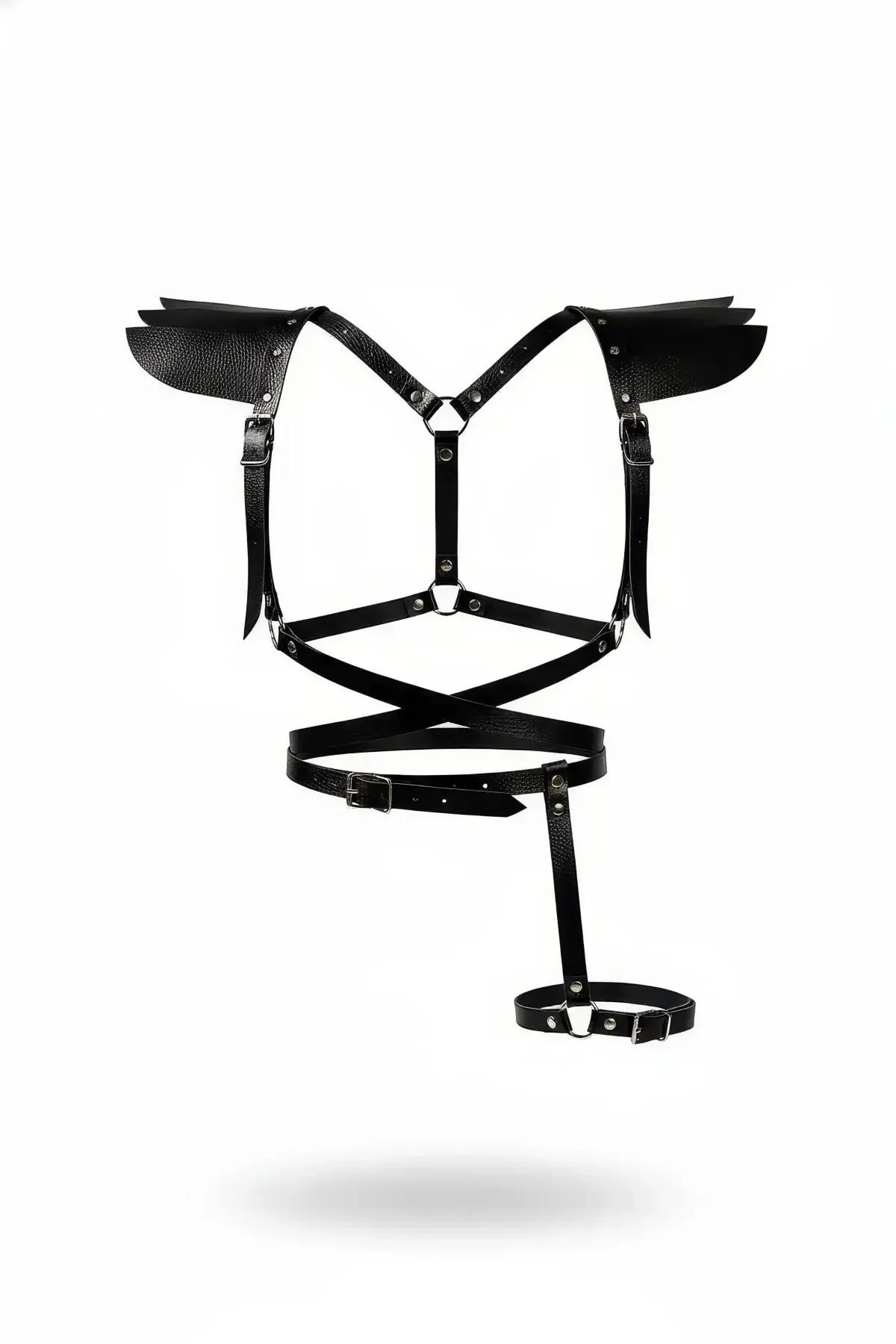 Siyah vegan deri omuz padli vücut harness kemer gümüş tokalı bacak halkasıyla tam set