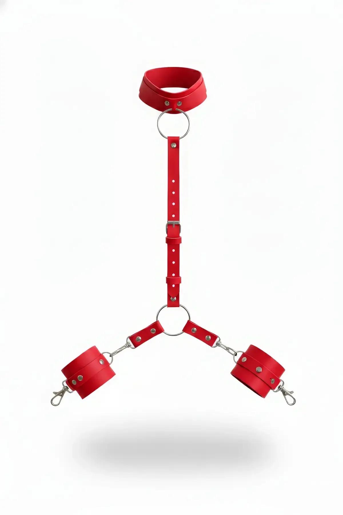 Red faux leather collar and handcuff set with silver O-ring connector strap and wide wrist cuffs