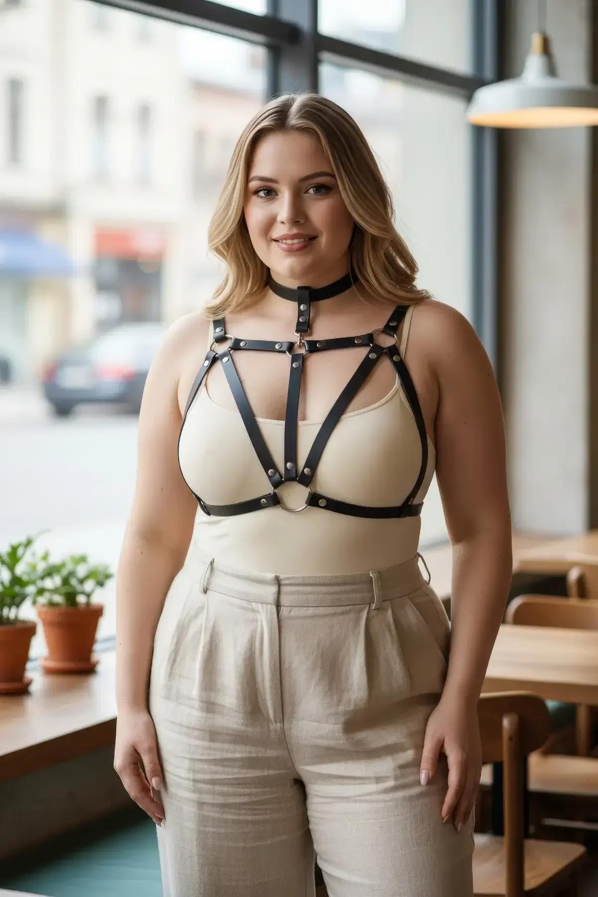 black faux leather cage chest harness with integrated choker and silver O-ring detail worn over cream top