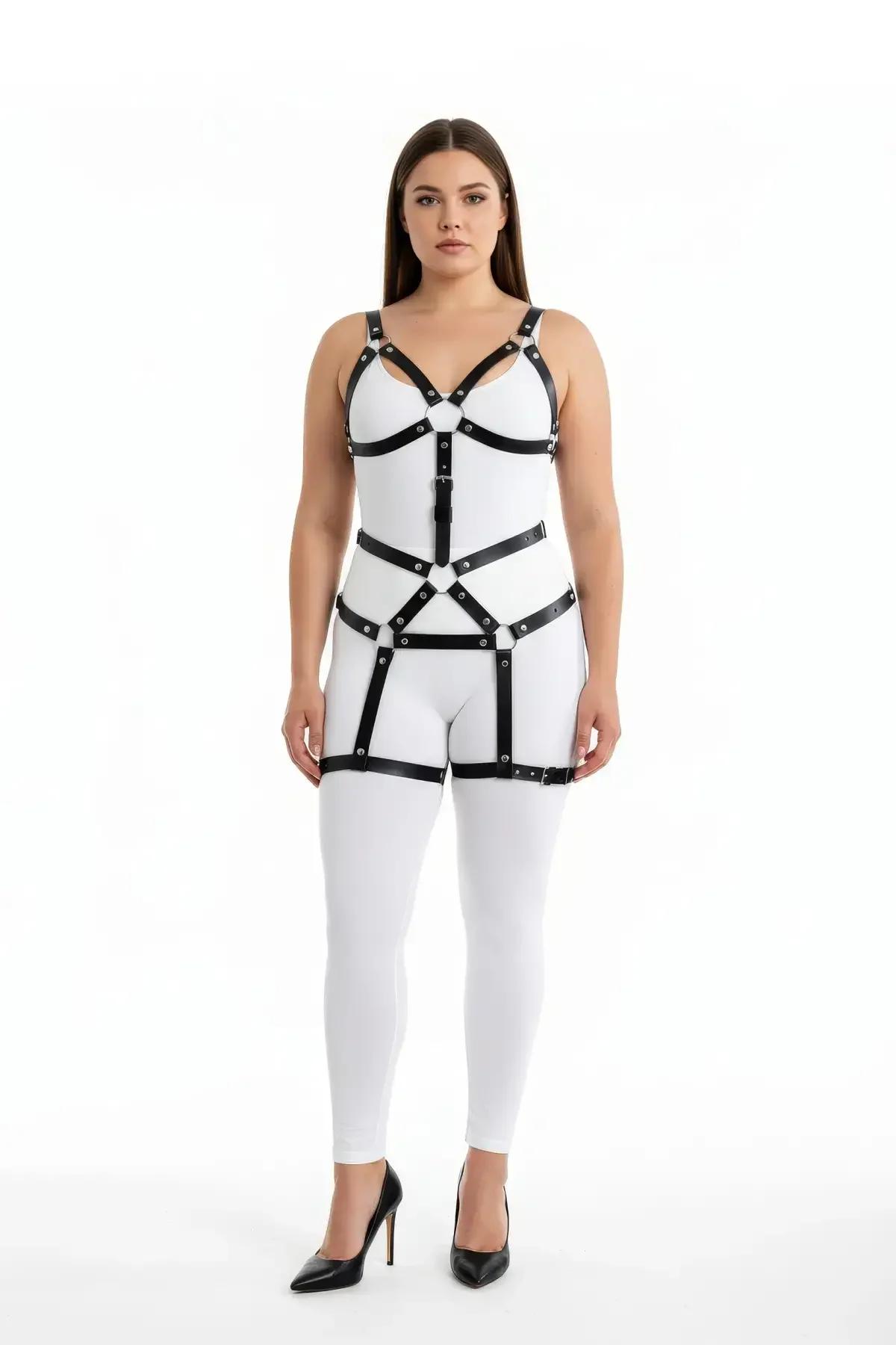 Plus size black faux leather full body harness with silver O-ring connectors and adjustable chest waist and thigh straps