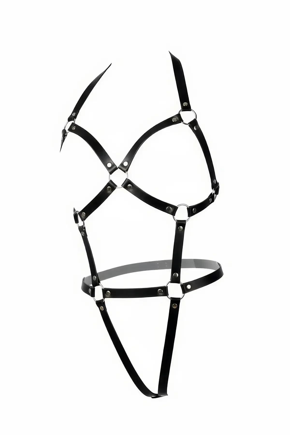 siyah suni deri vücut harness çapraz bantlı gümüş metal O-halkalı tam vücut çerçeve tasarımı