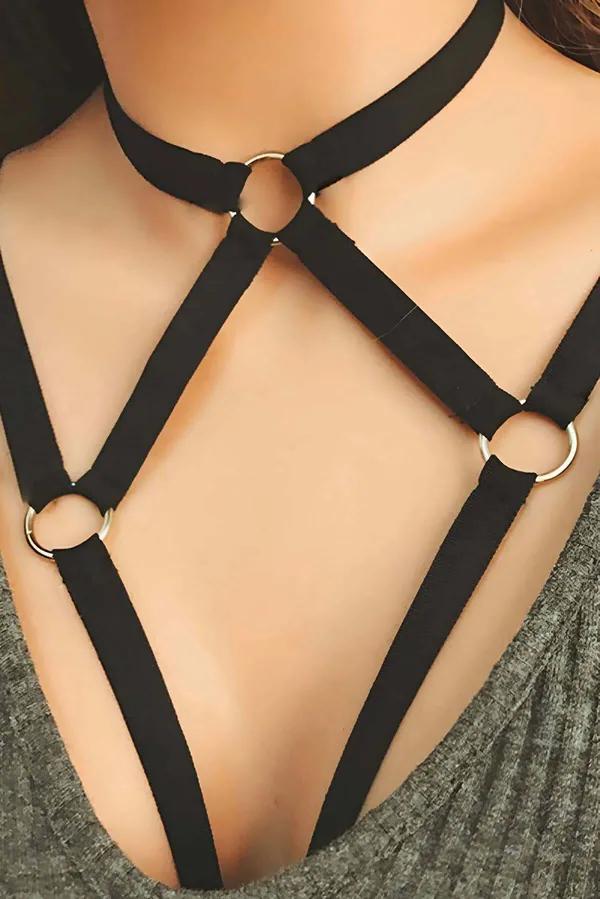 siyah elastik göğüs harness gümüş O-halkalı choker yaka bandı geometrik bant yapısı