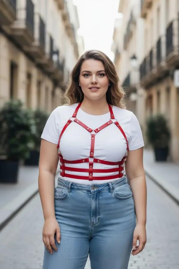 red faux leather strappy chest and waist harness with silver O-rings worn over white t-shirt