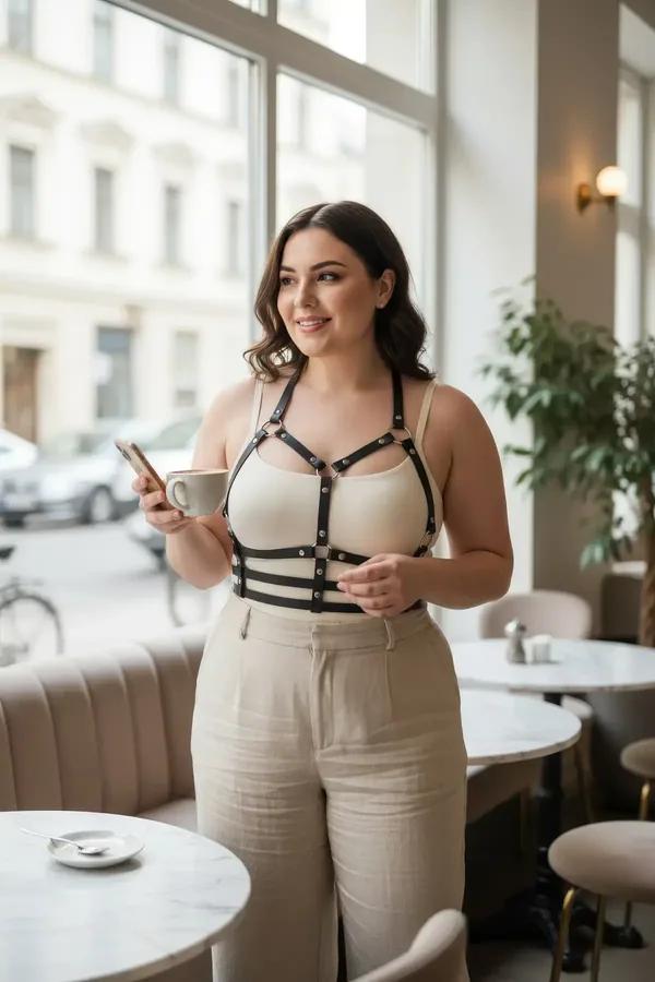 büyük beden siyah vegan deri kafes harness gümüş metal perçinli kemer aksesuar