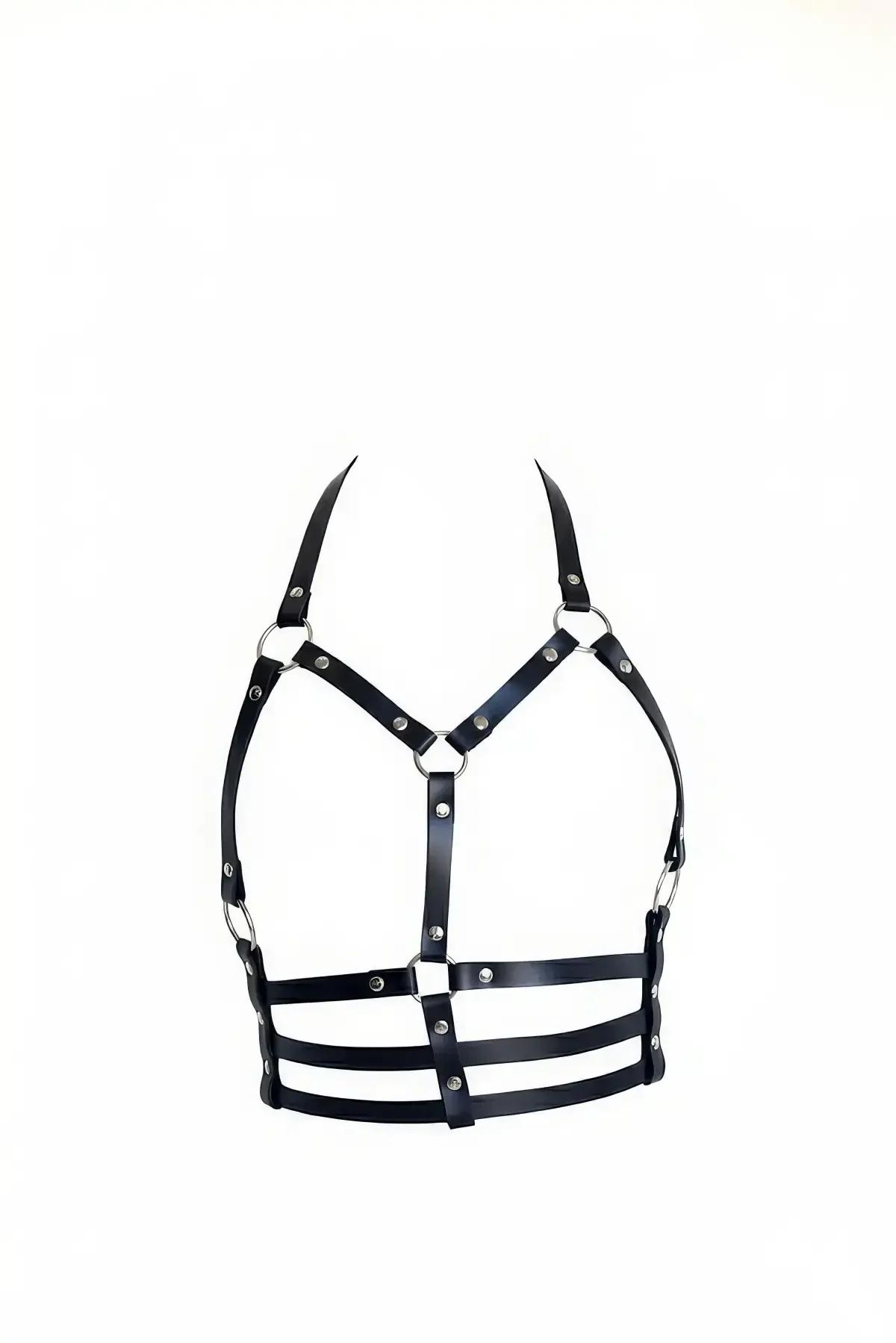 siyah suni deri vücut harness gümüş O-ring ve zincir detaylı omuz kayışlı aksesuar