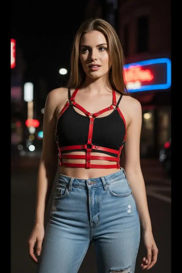 kırmızı suni deri çoklu halkalı gövde kemeri siyah crop top üzerinde gümüş metal O-halka detaylı