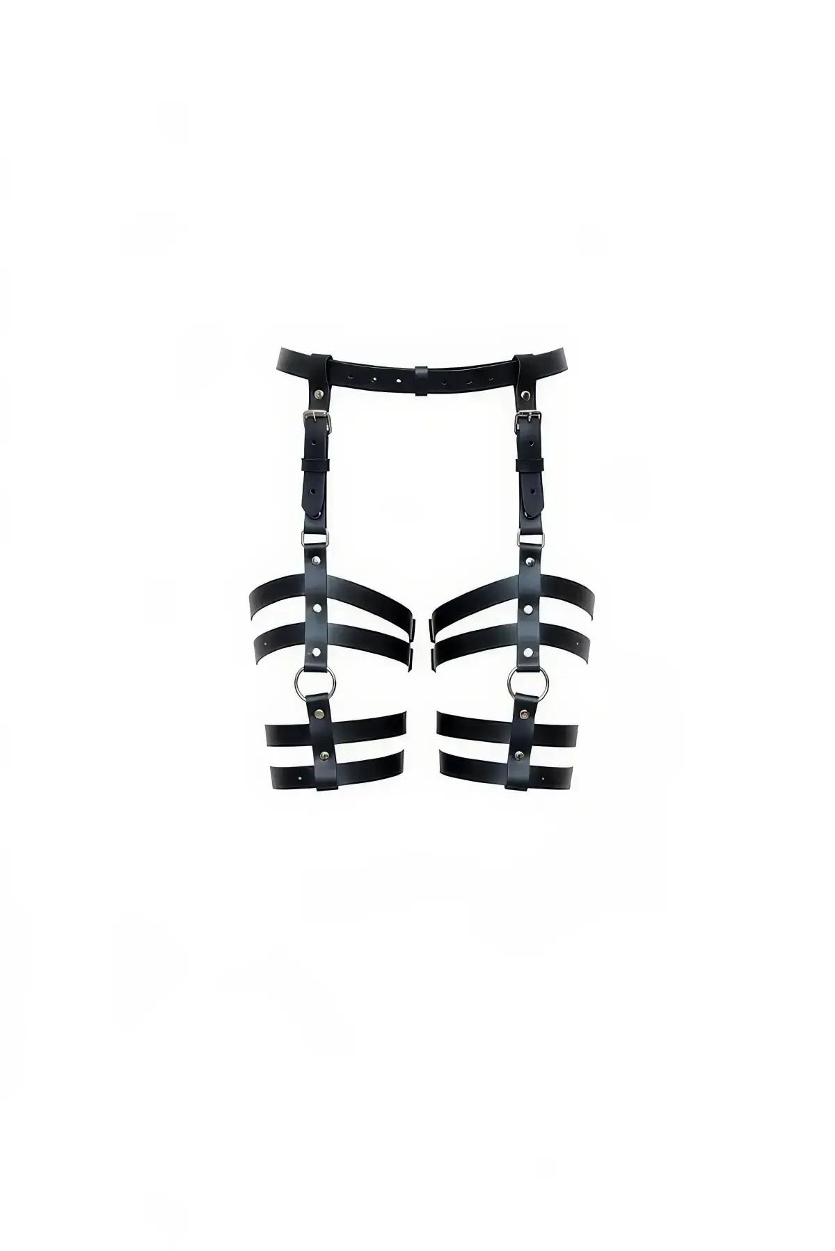 black faux leather multi-strap garter harness with three-band cage waist panel and silver D-rings front view