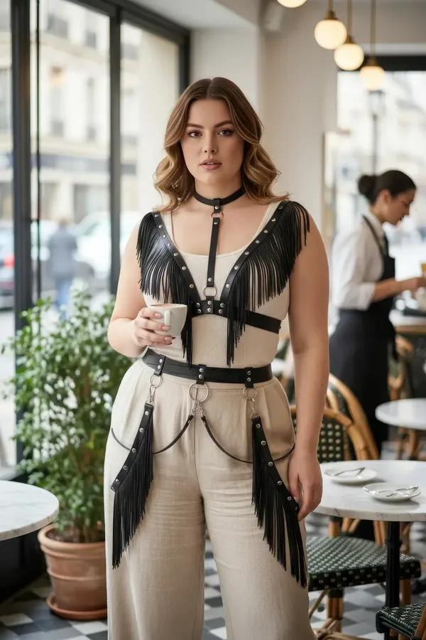 Büyük beden siyah vegan deri harness uzun püsküllü omuz bantları gümüş O-ring ve kalça zinciriyle
