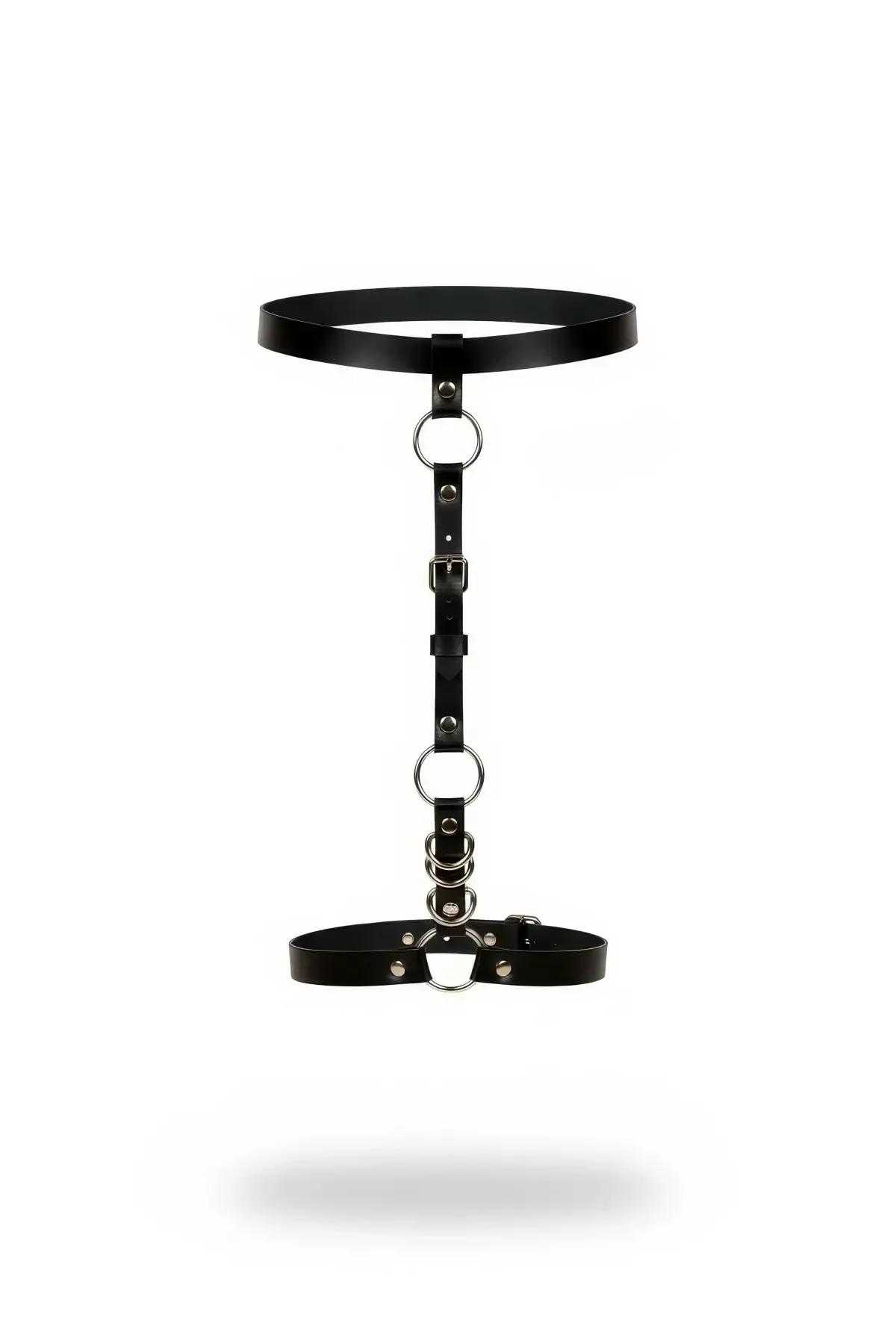 Black vegan leather o-ring choker torso harness with dual silver rings and adjustable vertical center strap on white backgrou