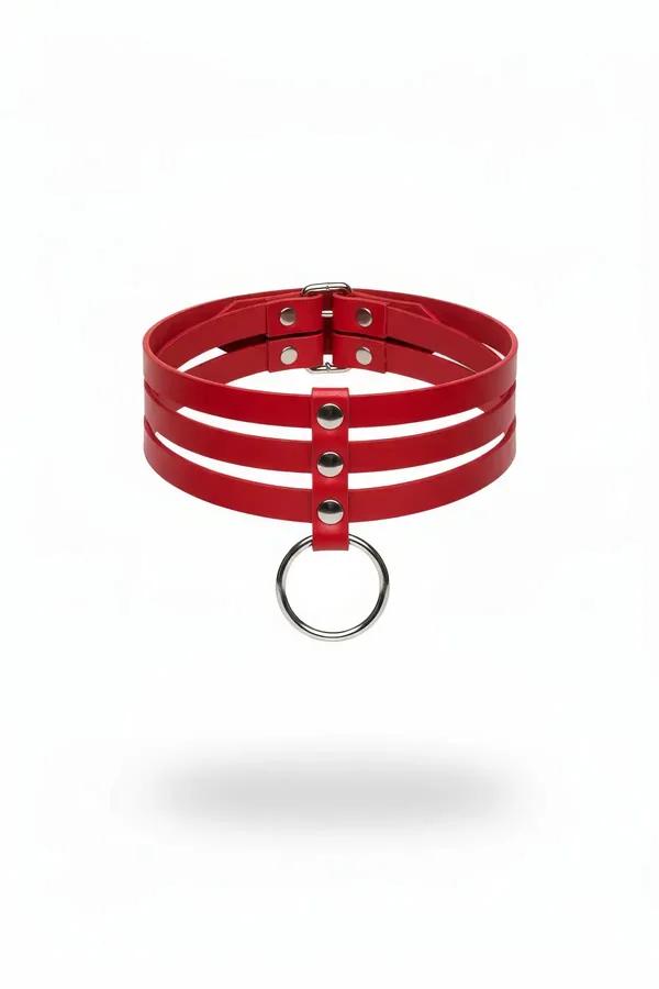 kırmızı vegan deri üç bantlı choker gümüş metal O-halka detaylı aksesuar
