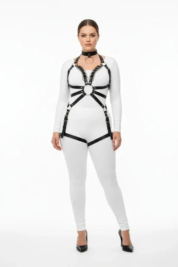 siyah vegan deri full body harness takım büyük beden gümüş O-halkalı choker ve kalça bandı