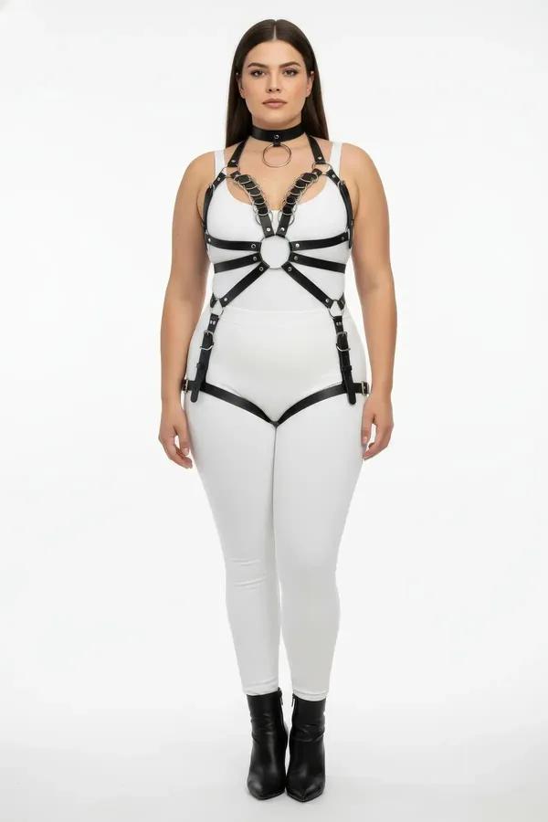 siyah vegan deri full body harness takım büyük beden gümüş O-halkalı choker ve kalça bandı