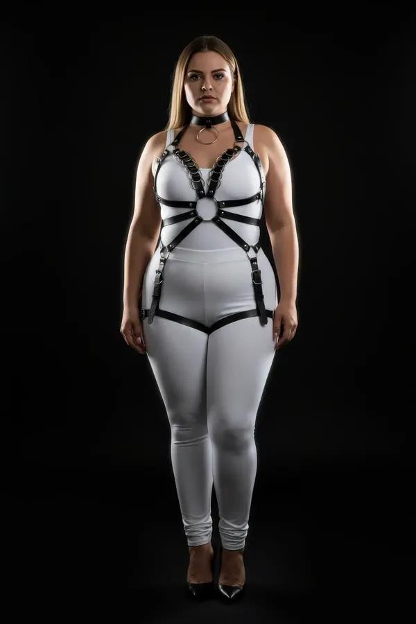 siyah vegan deri full body harness takım büyük beden gümüş O-halkalı choker ve kalça bandı