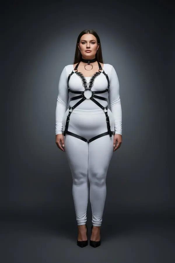 siyah vegan deri full body harness takım büyük beden gümüş O-halkalı choker ve kalça bandı