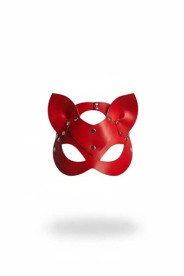 kırmızı kedi kulaklı vegan deri maske gümüş metal zımba detaylı kostüm aksesuarı