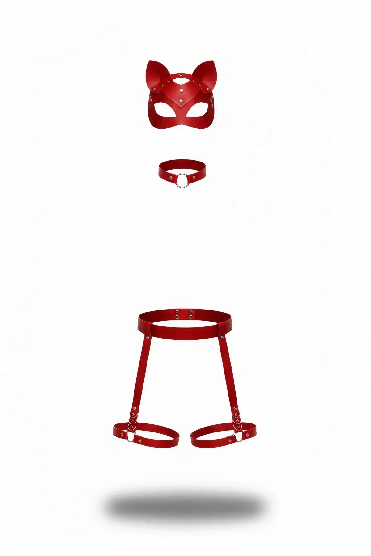 red faux leather harness set with cat-ear mask, O-ring choker, and thigh garter harness, silver hardware
