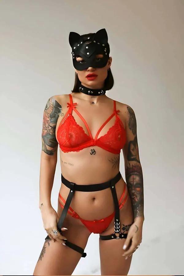 siyah vegan deri kedi maskeli jartiyer harness takım üç parça gümüş metal toka
