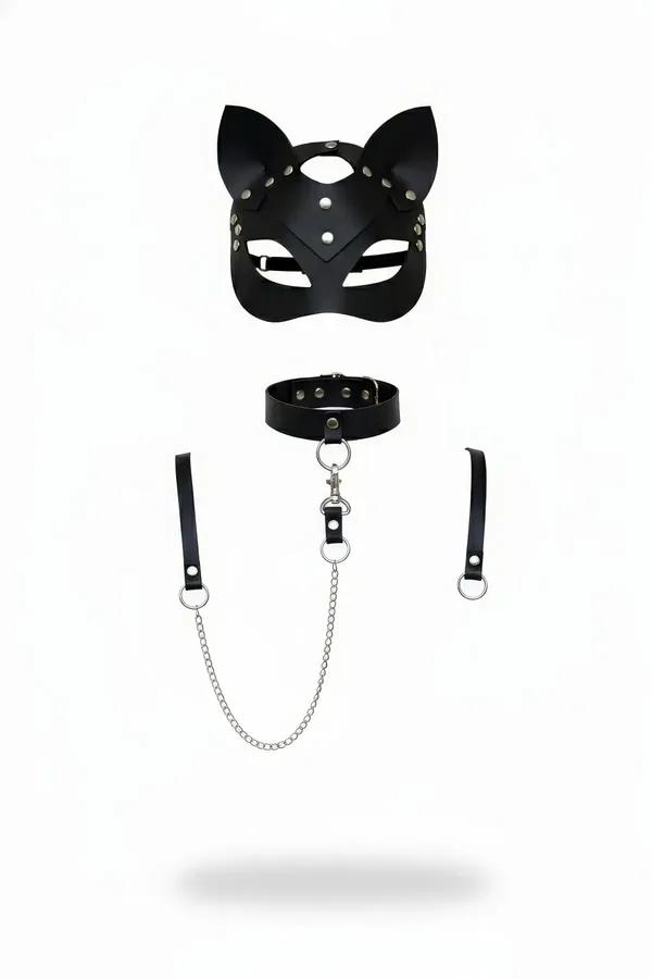 Siyah faux leather kedi maskeli harness takım gümüş zincirli boyun tasması ve bileklik seti