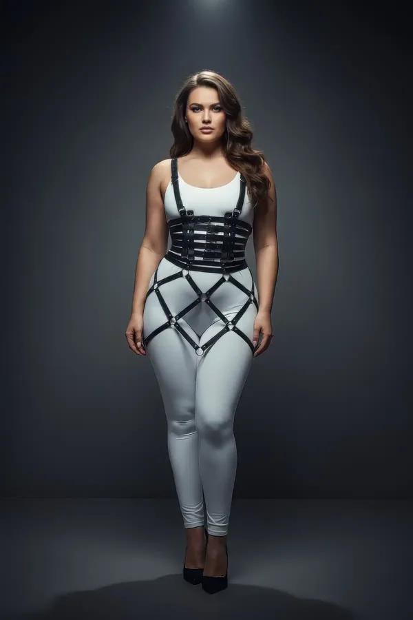 black faux leather cage body harness skirt with five underbust straps and silver o-ring cage skirt worn over white bodysuit a