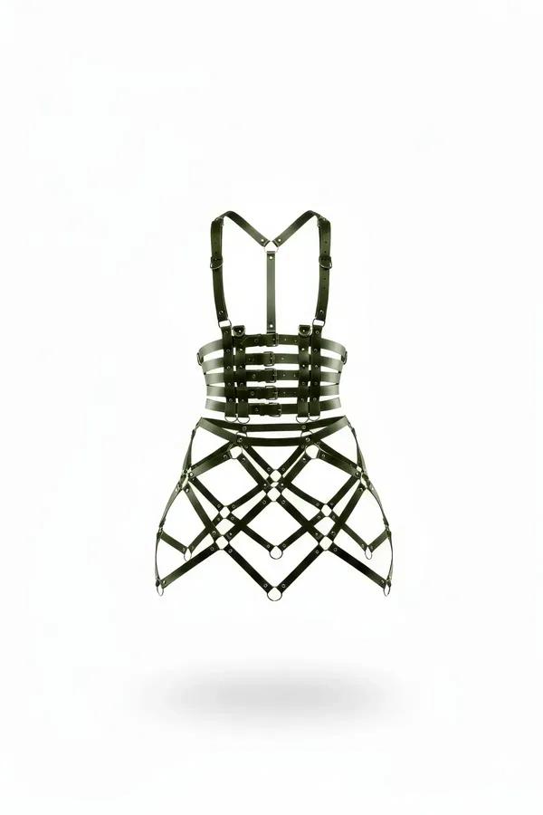 black faux leather cage skirt harness with geometric O-ring diamond grid and multi-strap structured waist