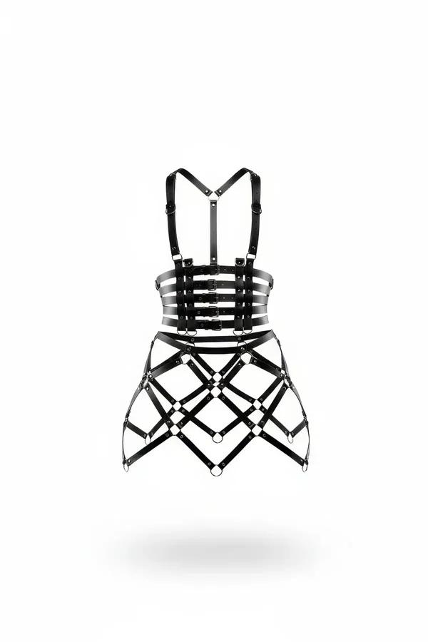 Black vegan leather cage skirt harness with strappy multi-row bodice and diamond-grid cage skirt, silver O-ring hardware