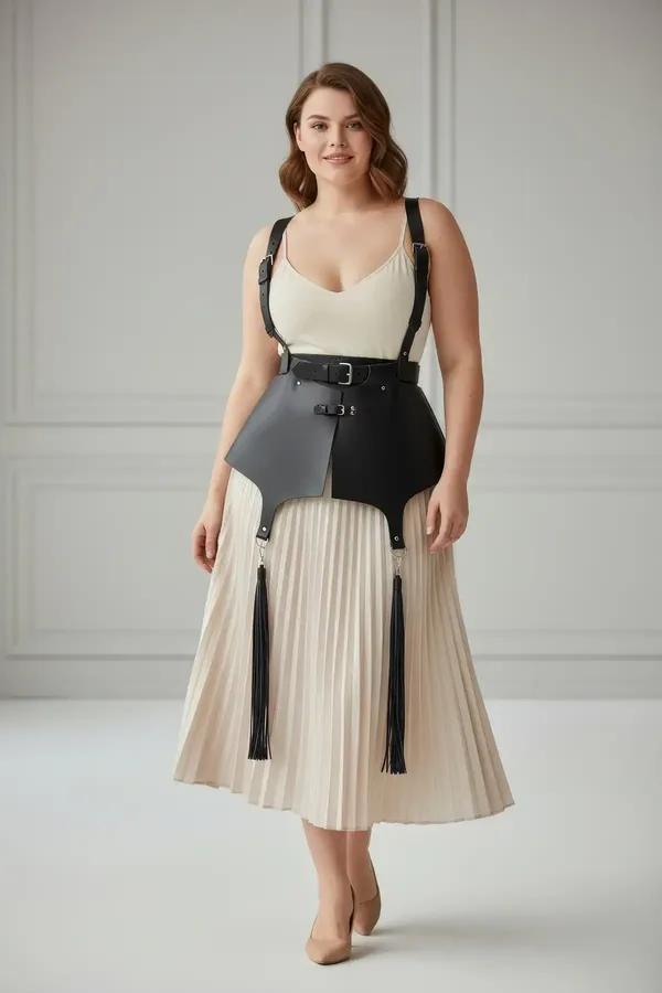 black faux leather peplum waist harness with detachable tassel garters and silver buckles worn over white tank top