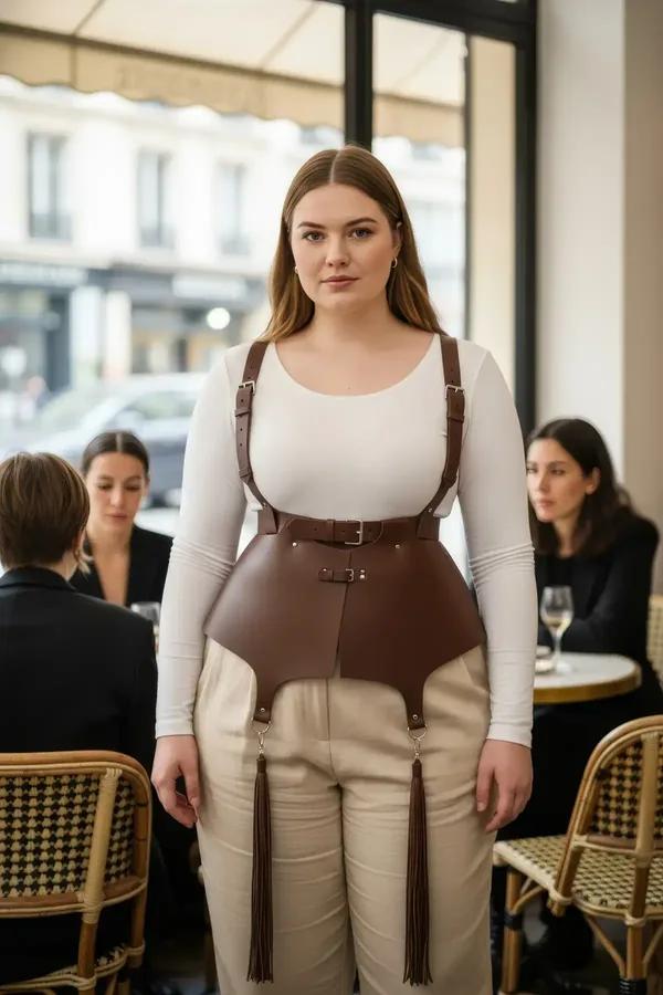 brown faux leather corset harness with gold buckles adjustable shoulder straps and tassel drops worn over white top