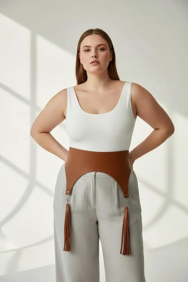 tan faux leather wide waist harness with fringe tassel garter details and silver clip hardware