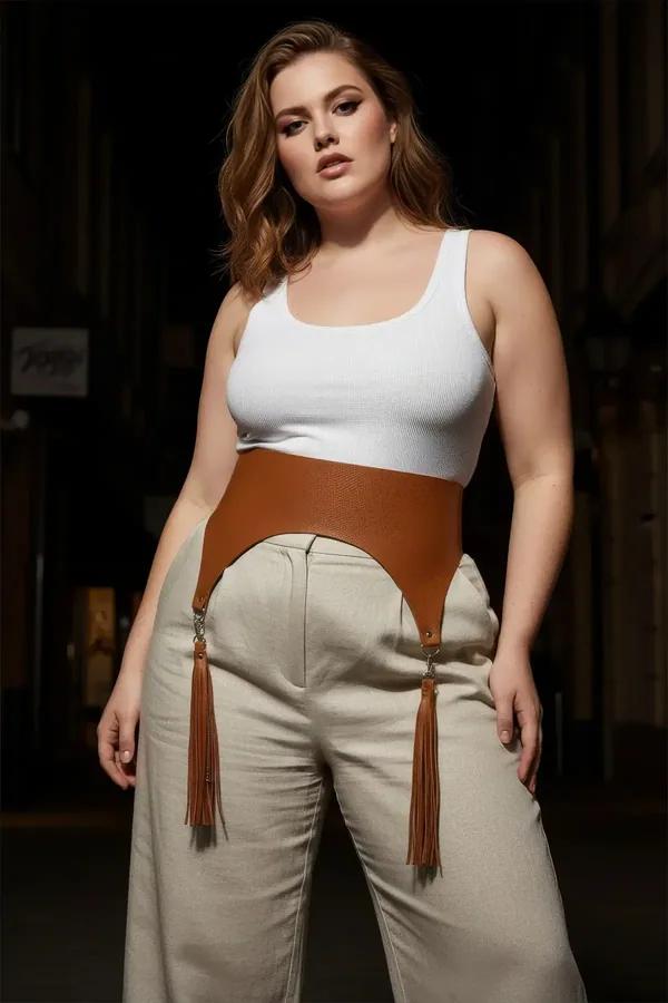 tan faux leather wide waist harness with fringe tassel garter details and silver clip hardware