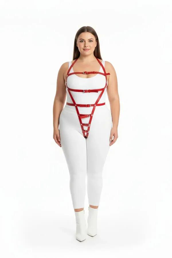 kırmızı vegan deri büyük beden harness takım gümüş tokalı çok katmanlı kemer omuz ve kalça askılı