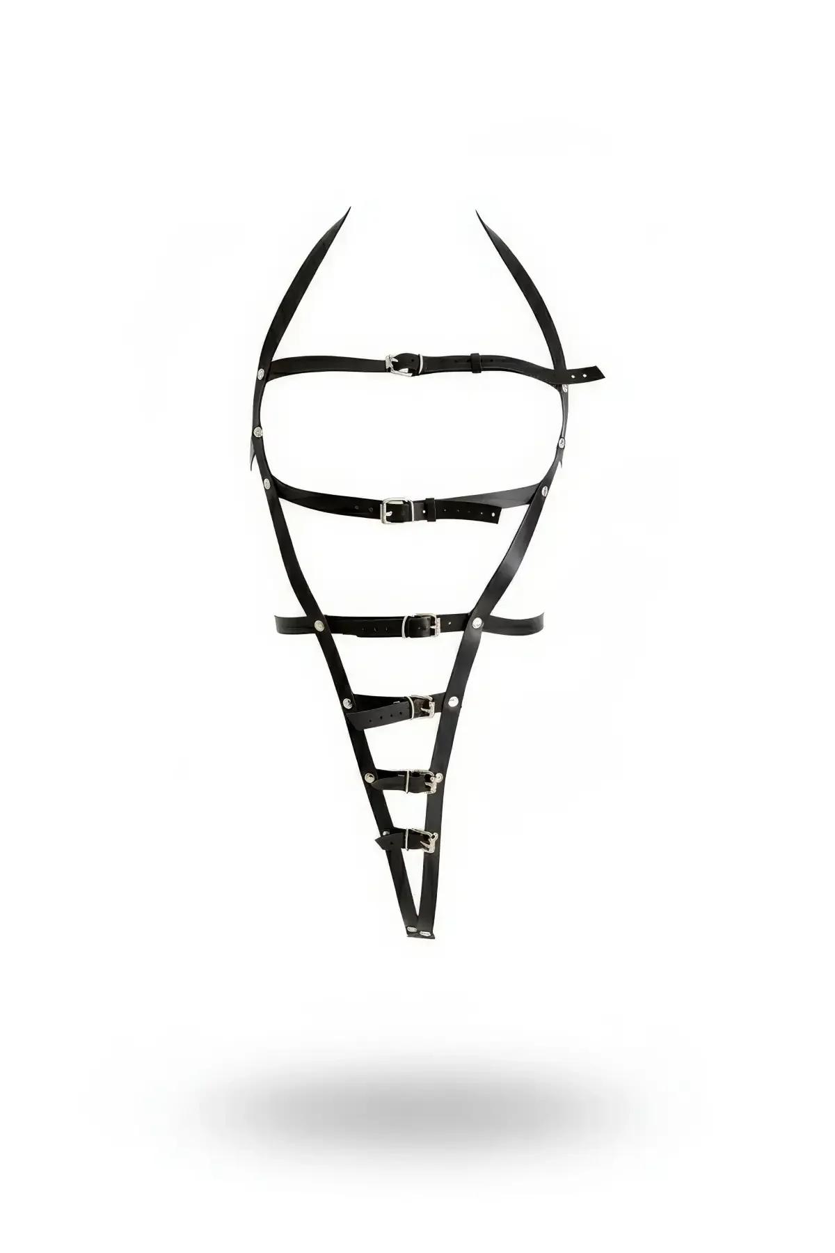 black faux leather full body harness with silver buckle hardware and vertical ladder panel on white background
