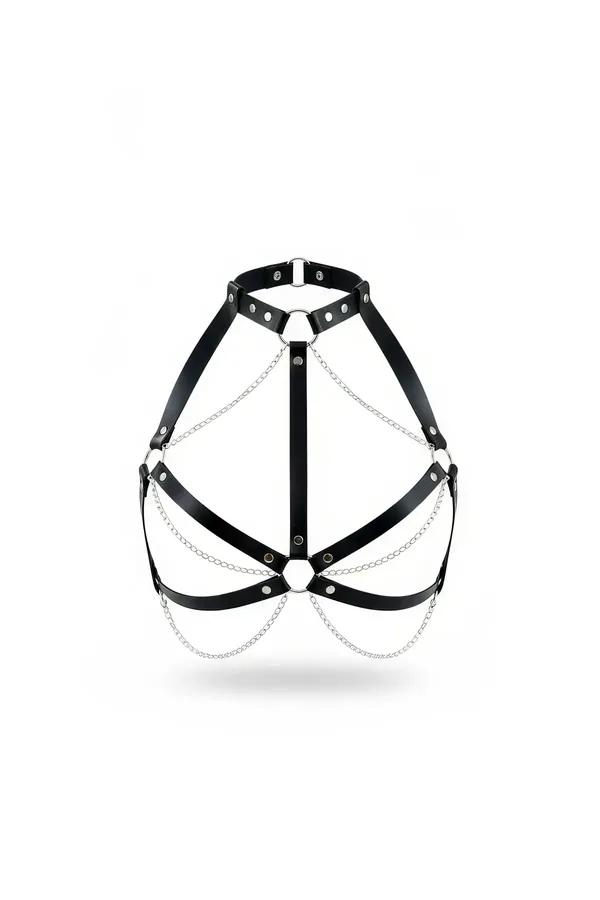 siyah faux leather göğüs harness gümüş O-halka ve asılı çift katman zincir detaylı vücut aksesuarı