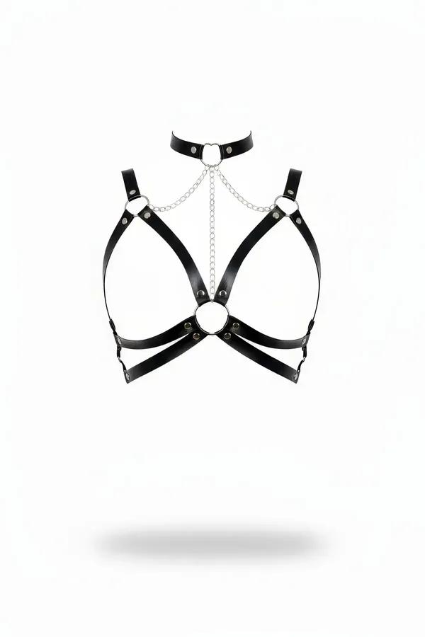 siyah vegan deri göğüs harness gümüş zincirli choker O-ring detaylı aksesuar