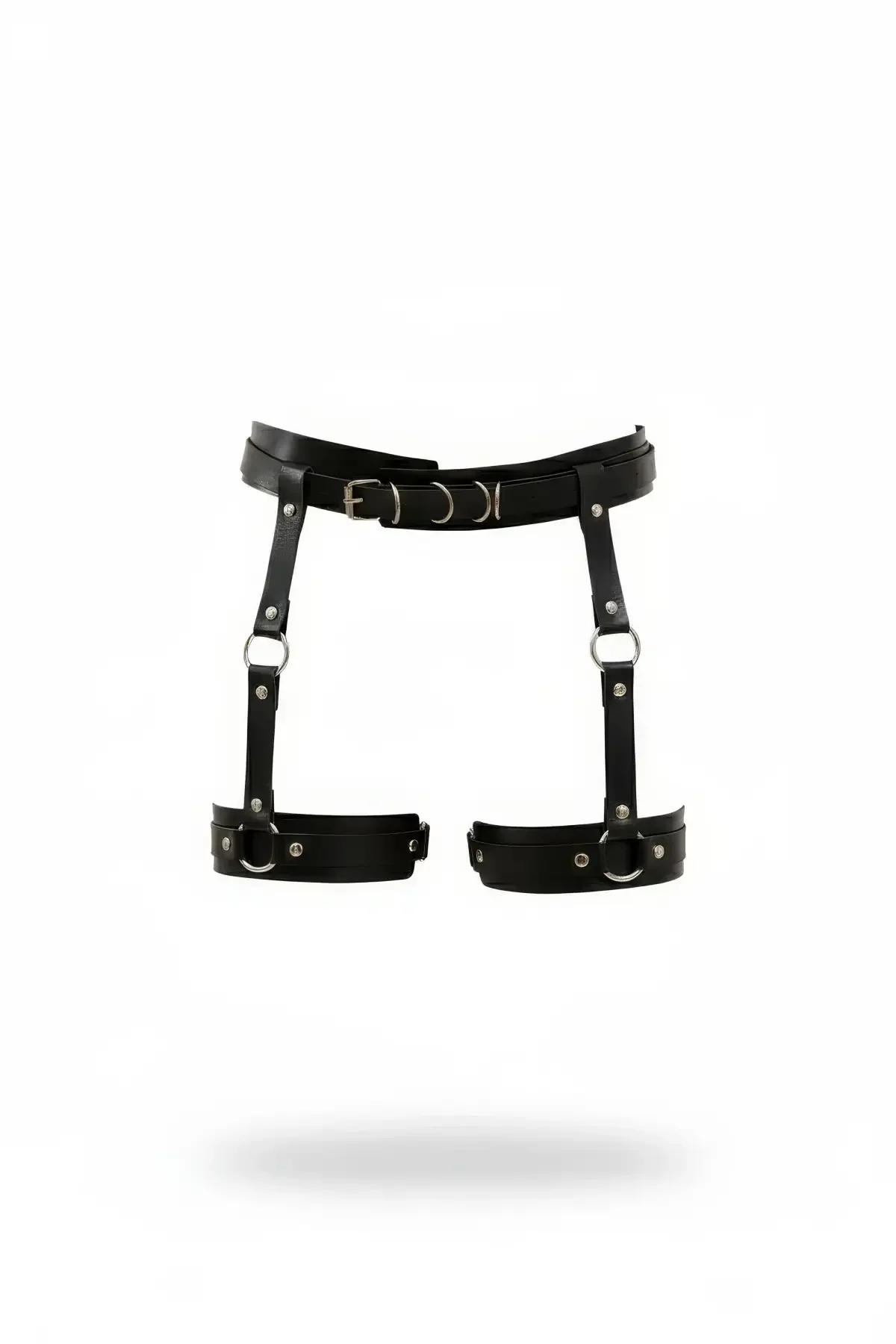 Siyah faux leather jartiyer harness gümüş tokalı ve O-halkalı ayarlanabilir bel ve uyluk bandı